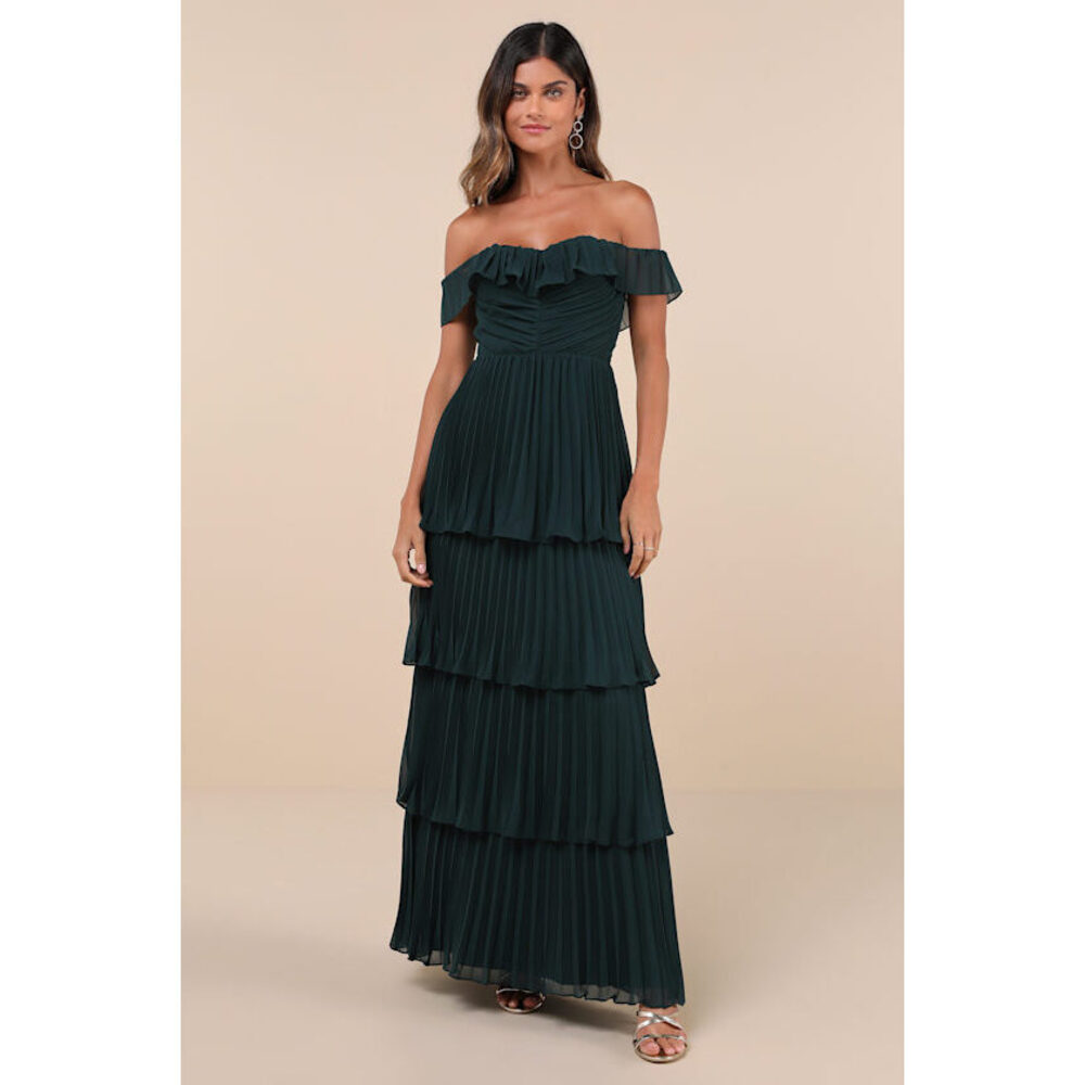 Lulus Always Remarkable Emerald Pleated Off-the-shoulder Maxi Dress Green